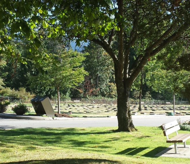 A cemetery on a sunny day with lots of trees and greenery