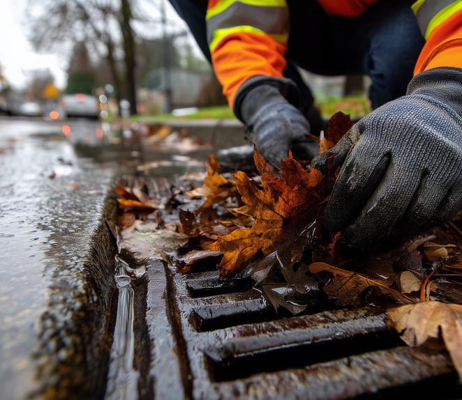 person clearing leaves from a catch basin