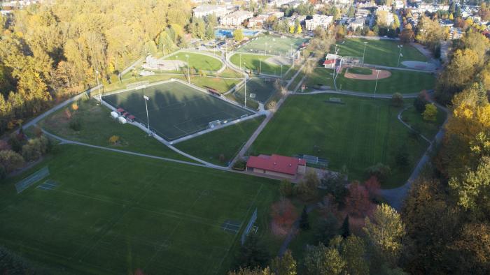 Aerial view of multiple sports fields.