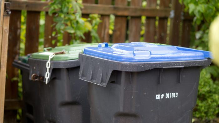 Row of garbage and compost bins.