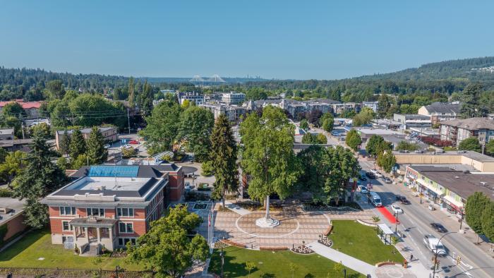 Aerial view of City Hall, Veterans Park and surrounding area