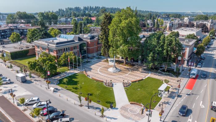 Aerial view of Veterans Park and City Hall