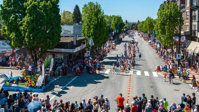 Aerial image of people watching May Day Parade in downtown Port Coquitlam