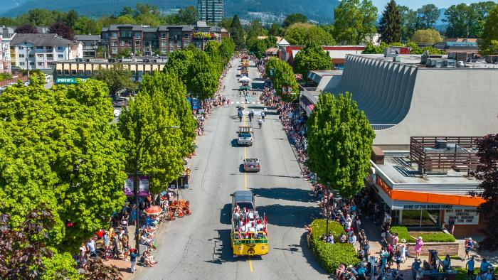 Aerial image of May Day Parade in downtown Port Coquitlam