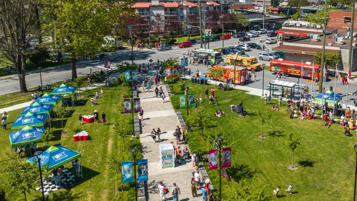 Aerial image of recreation centre during Party in the Square with lots of people exploring activities