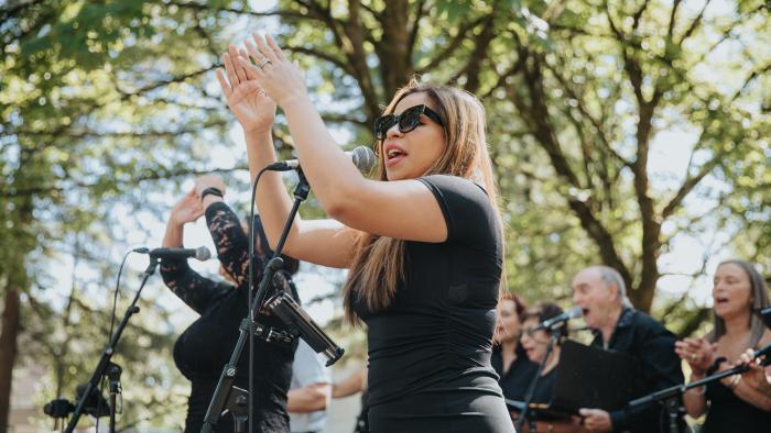 Singer performing at the park, clapping heads in the air