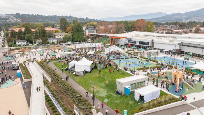 Aerial image of courtyard behind Port Coquitlam Community Centre