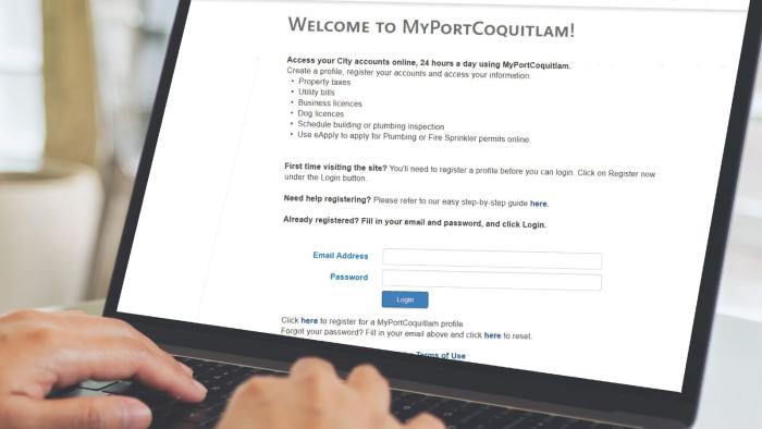 Laptop screen showing MyPortCoquitlam online web portal