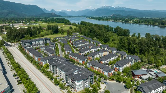 Aerial view of houses by the river