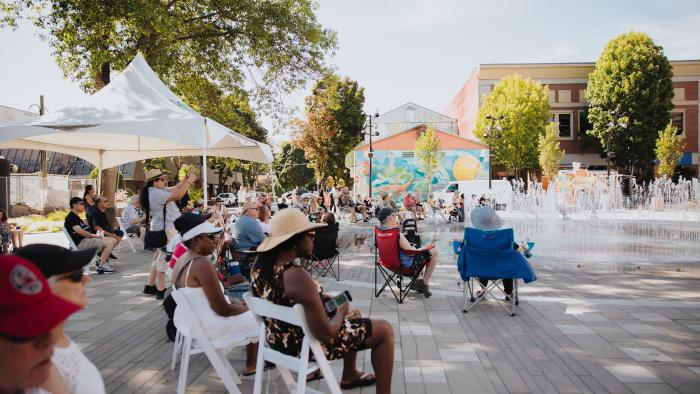 People gathering in Leigh Square