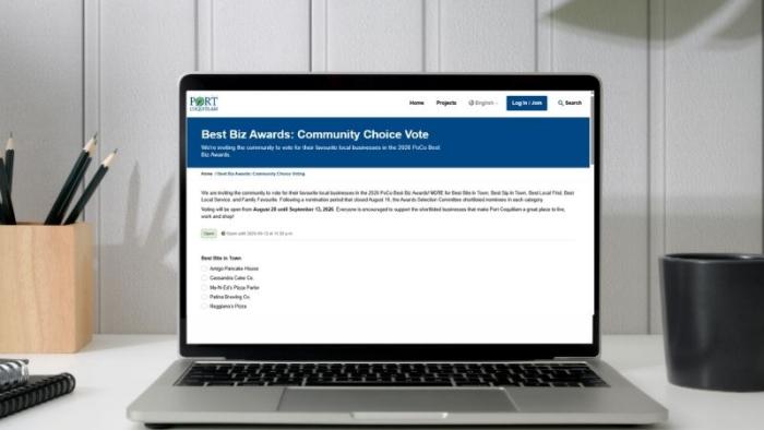 laptop with Best Biz Awards voting screen