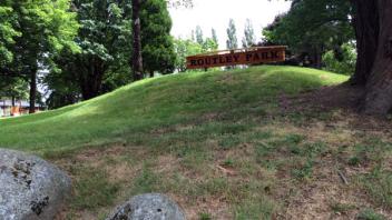 Routley Park sign. The sign is wooden with dark lettering sitting at the top of a hill.
