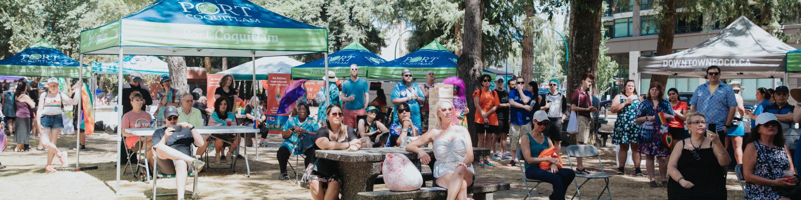 People celebrating Pride month in Lions Park sitting under pop-up tents and at picnic tables