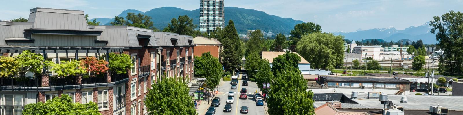Aerial view of the City of Port Coquitlam downtown area.