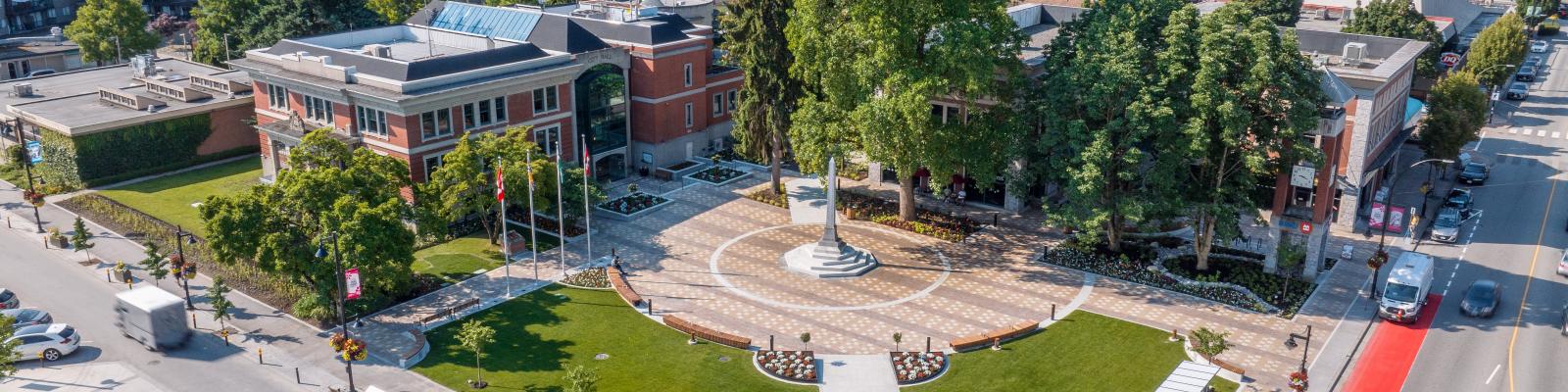 Aerial view of Veterans Park and City Hall