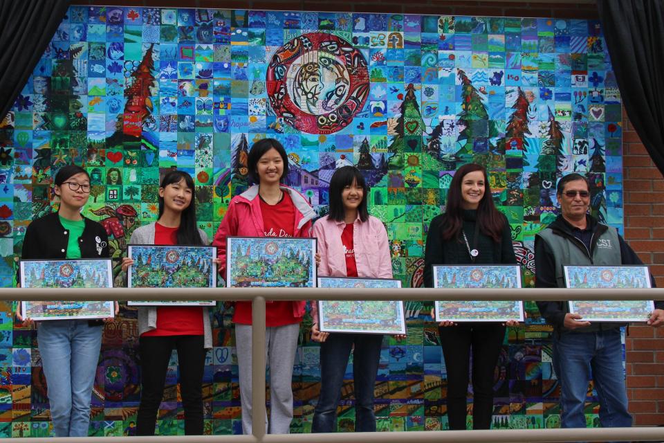 People holding pictures in front of a mural wall