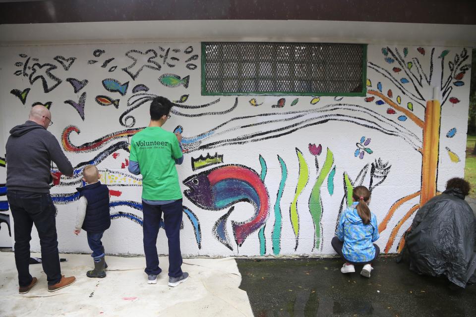 Multiple people working on a mural