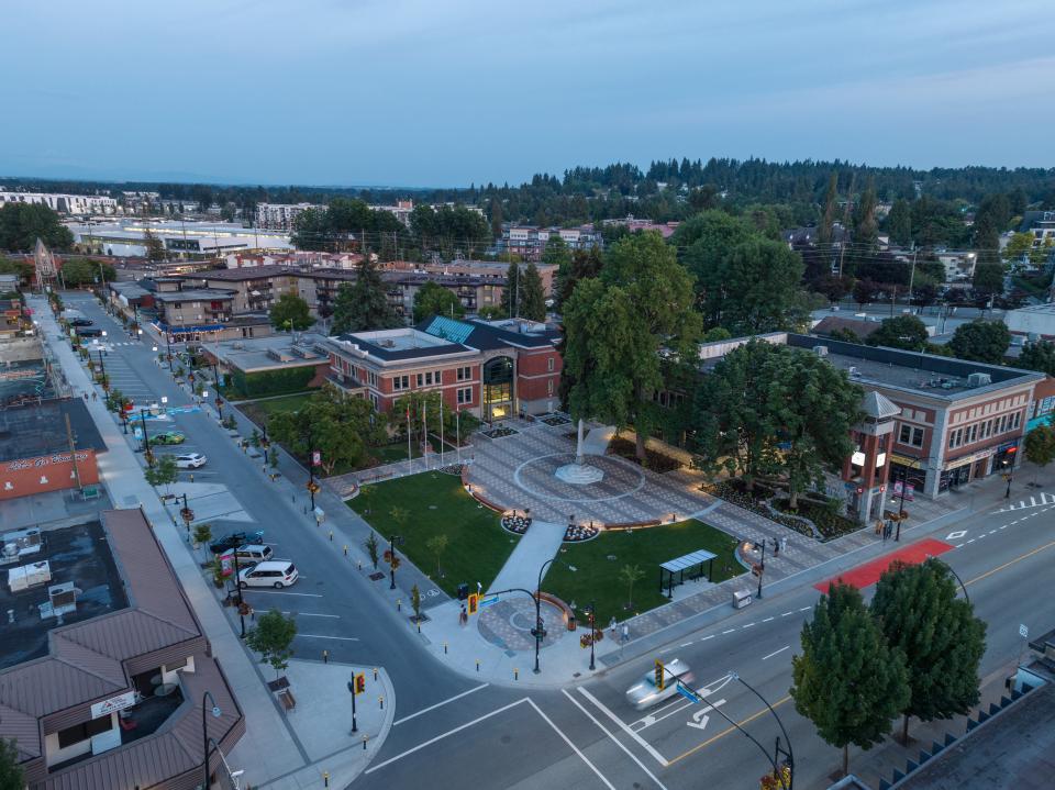 Dusk aerial view of Veterans Park memorial.