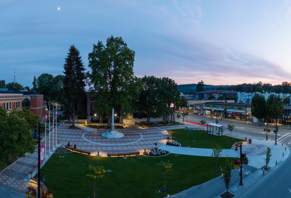 Dusk aerial view of Veterans Park memorial.
