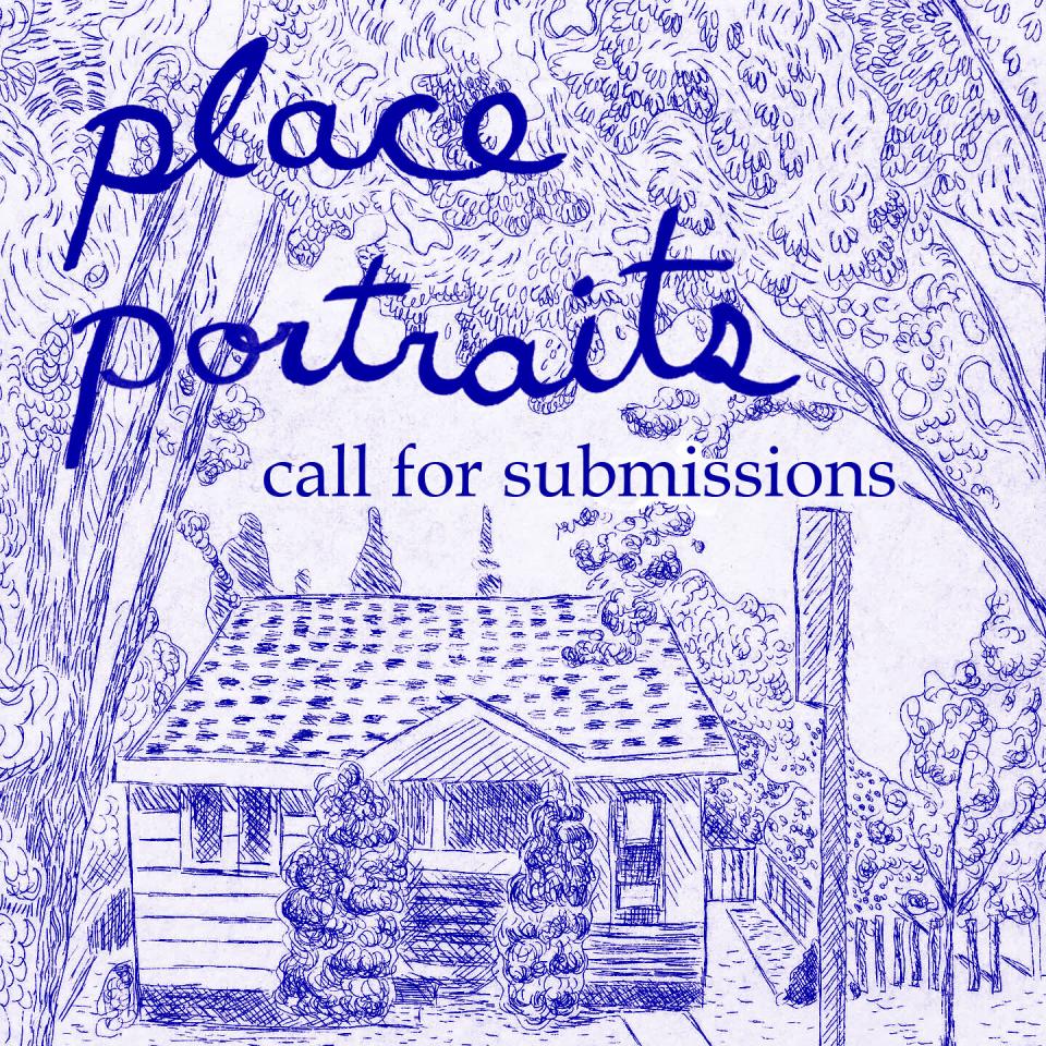 Keely O'Brien's sketch of a cottage house in the middle of the woods. The sketch is purple.