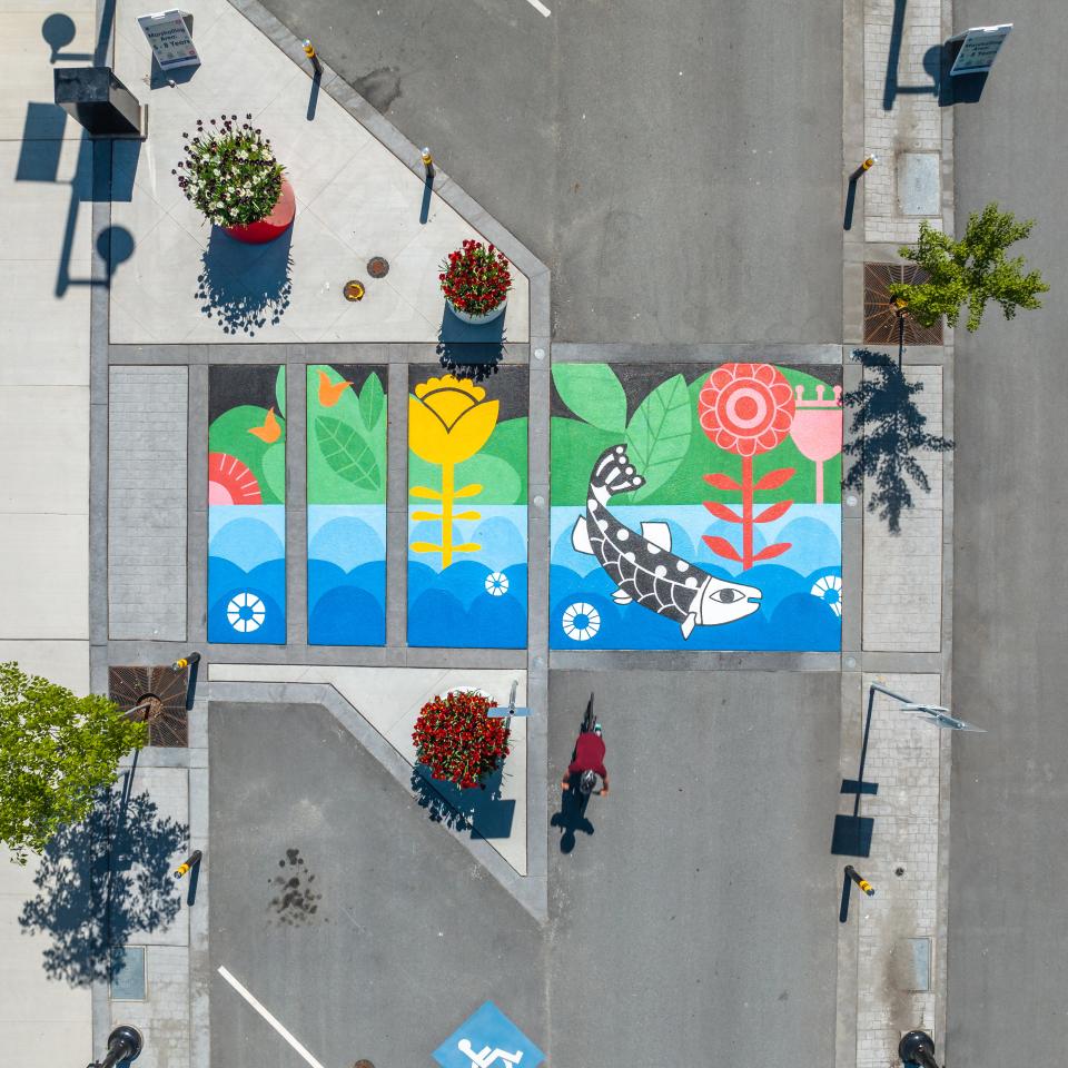 Colourful crosswalk art installation on McAllister Avenue