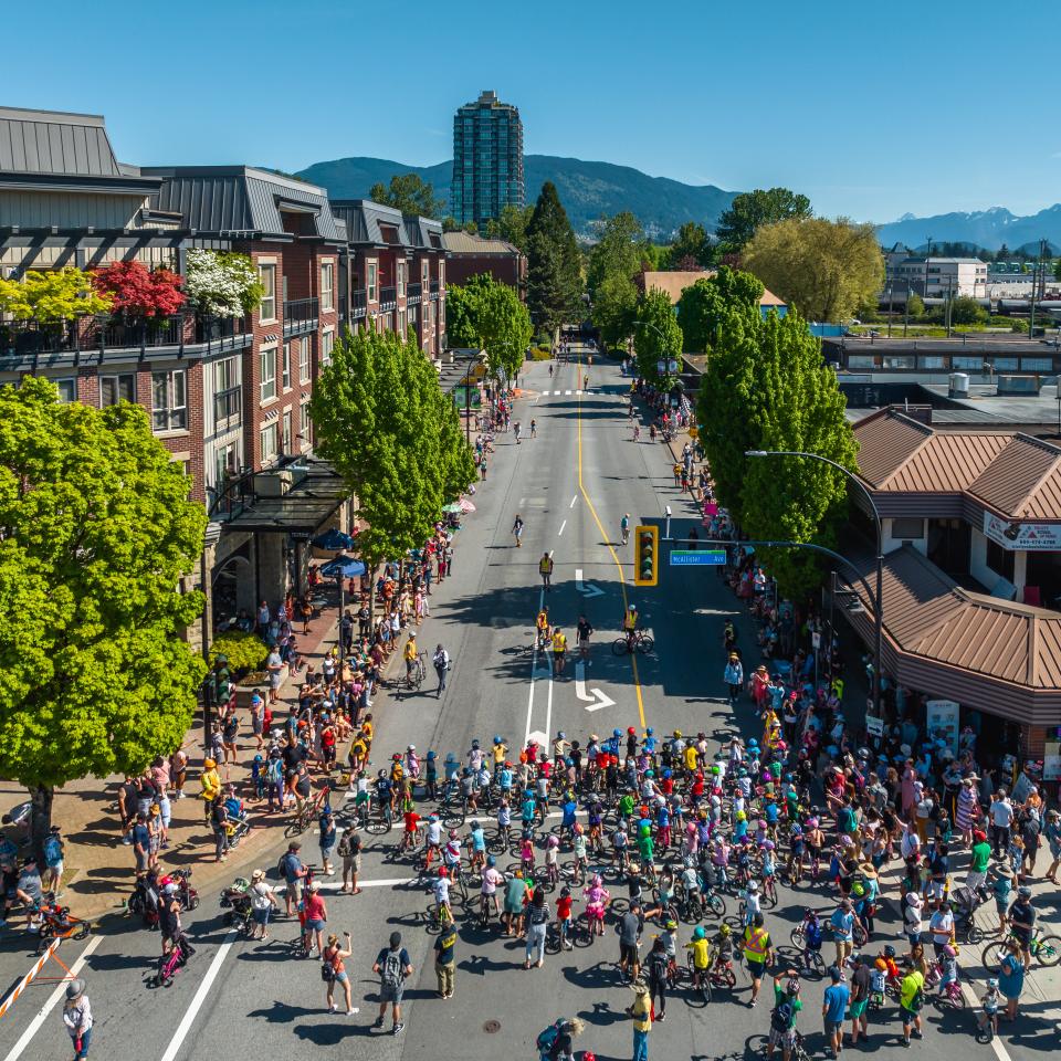 Aerial image of kids participating in bike rice in downtown Port Coquitlam