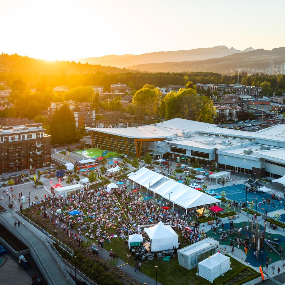 Aerial crowd of people at Port Coquitlam Community Centre for Party in the Square