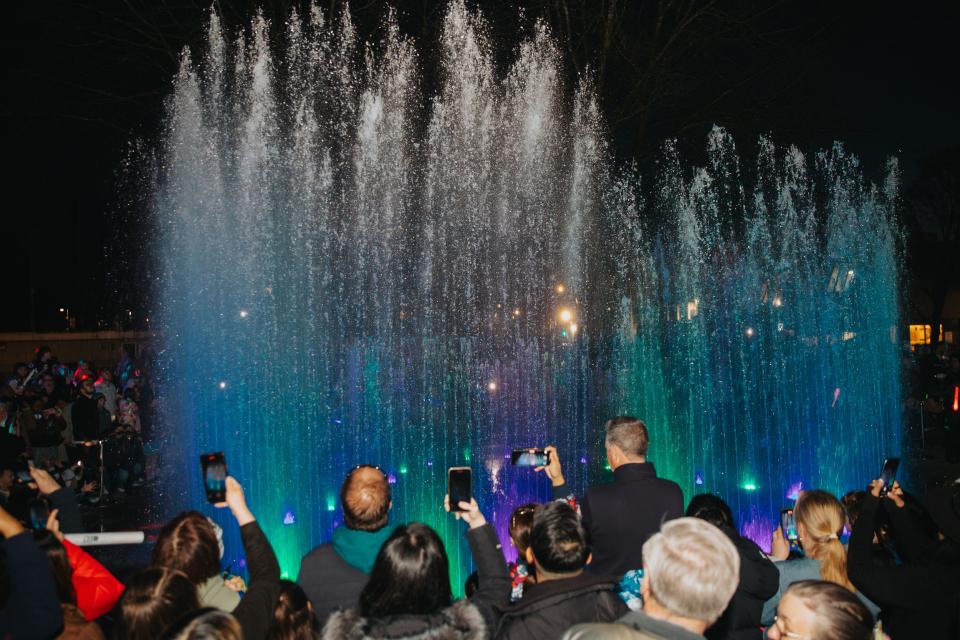 Water feature at night with lights
