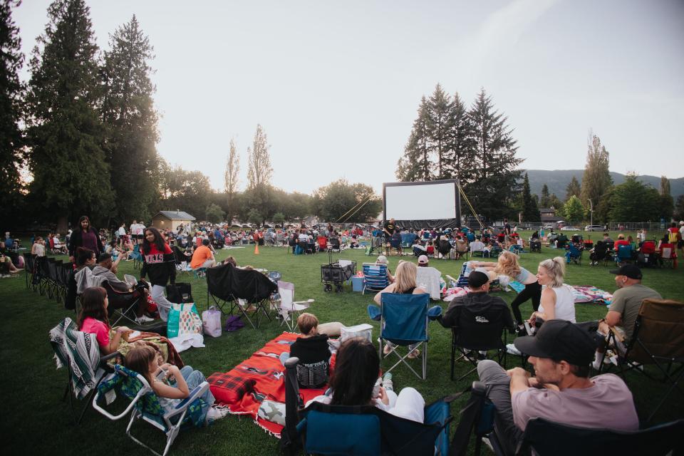 people gathered at park to watch outdoor movie