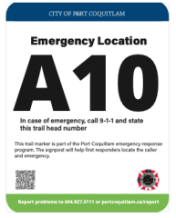 Example of trail marker sign with designated emergency location.