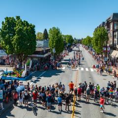 Aerial image of people watching May Day Parade in downtown Port Coquitlam
