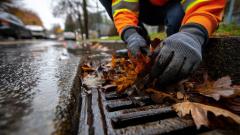 person clearing leaves from a catch basin