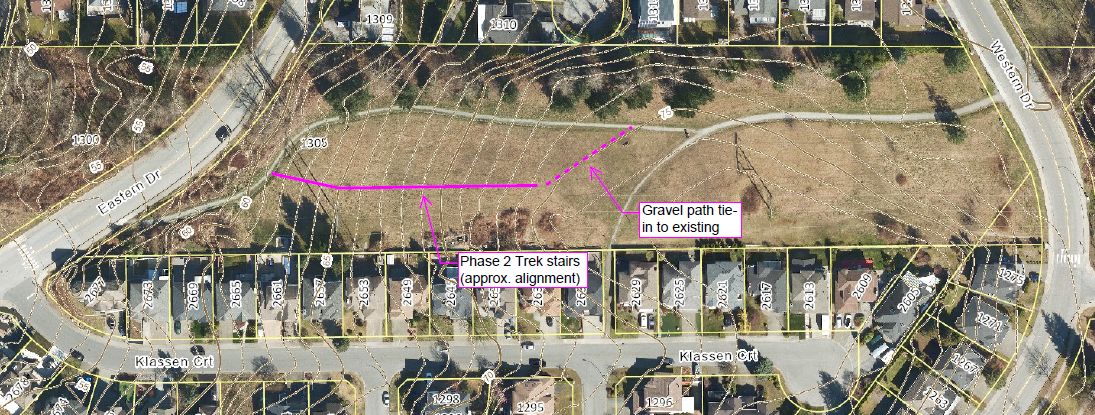 Aerial view of Phase two for new trail path. The proposed path is marked in pink.