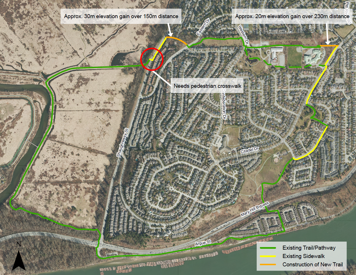 Aerial view of PoCo with trails marked in green, yellow and orange.