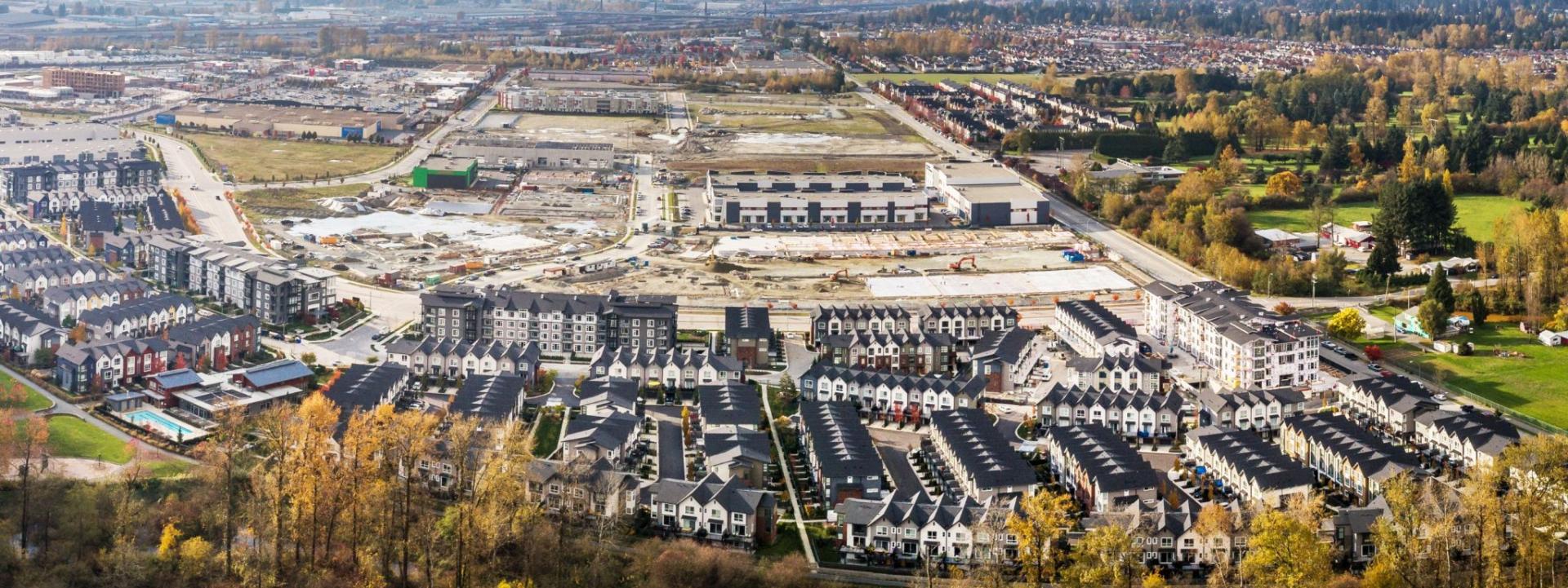 An aerial view of new townhouse development in Port Coquitlam