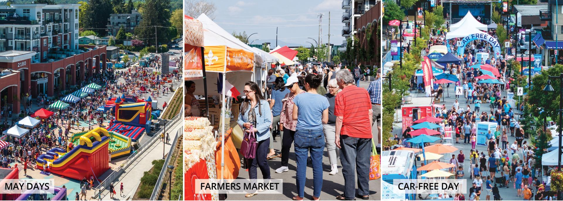 Collage of three separate events. The events are, from left to right, May Days, Farmers Market, and Car Free Day. There are large crowds for all events.