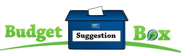 Banner for Port Coquitlam's Budget Suggestion Box. There is a ballot box with a piece of paper going in.