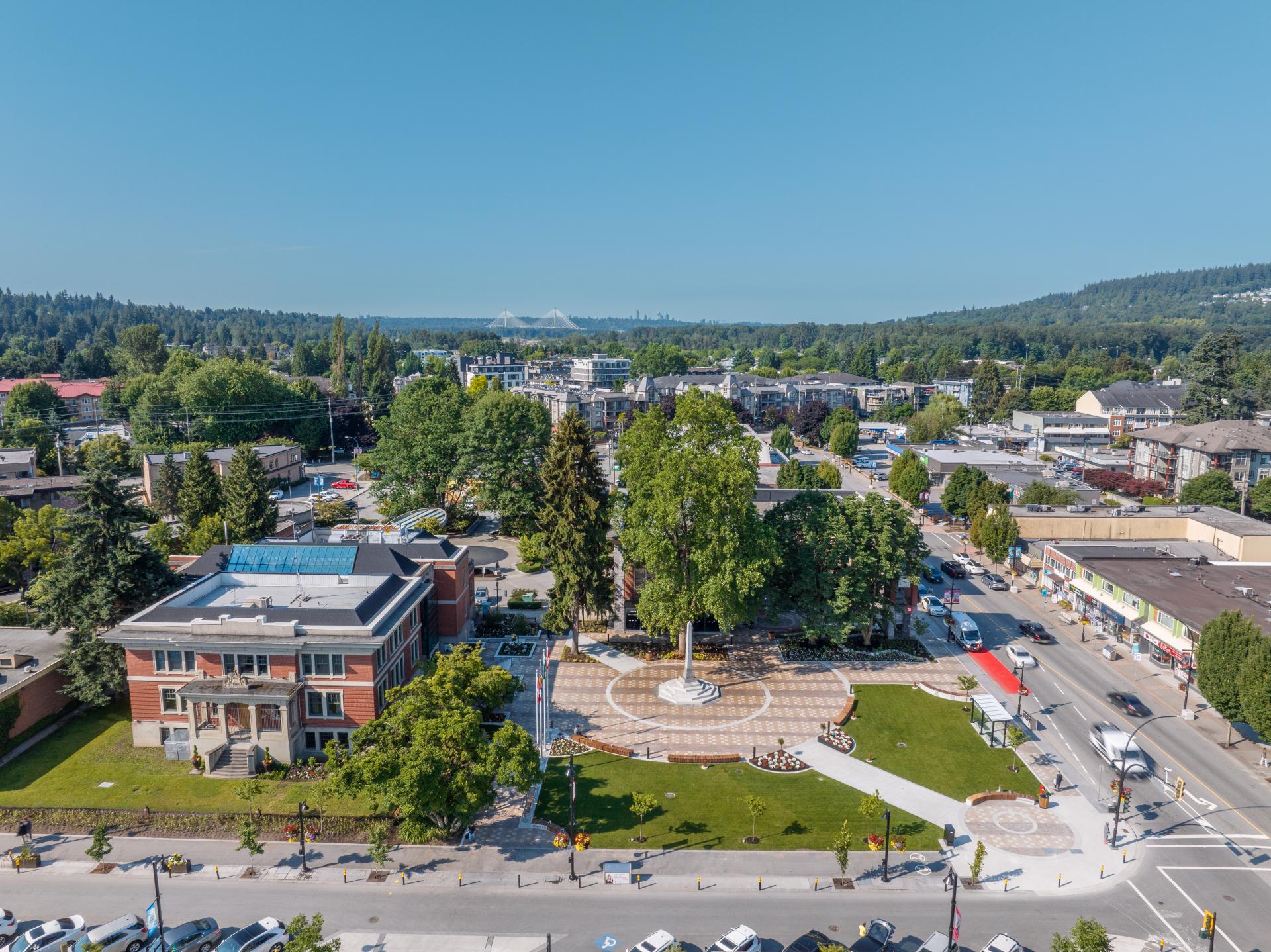 Aerial view of City Hall, Veterans Park and surrounding area