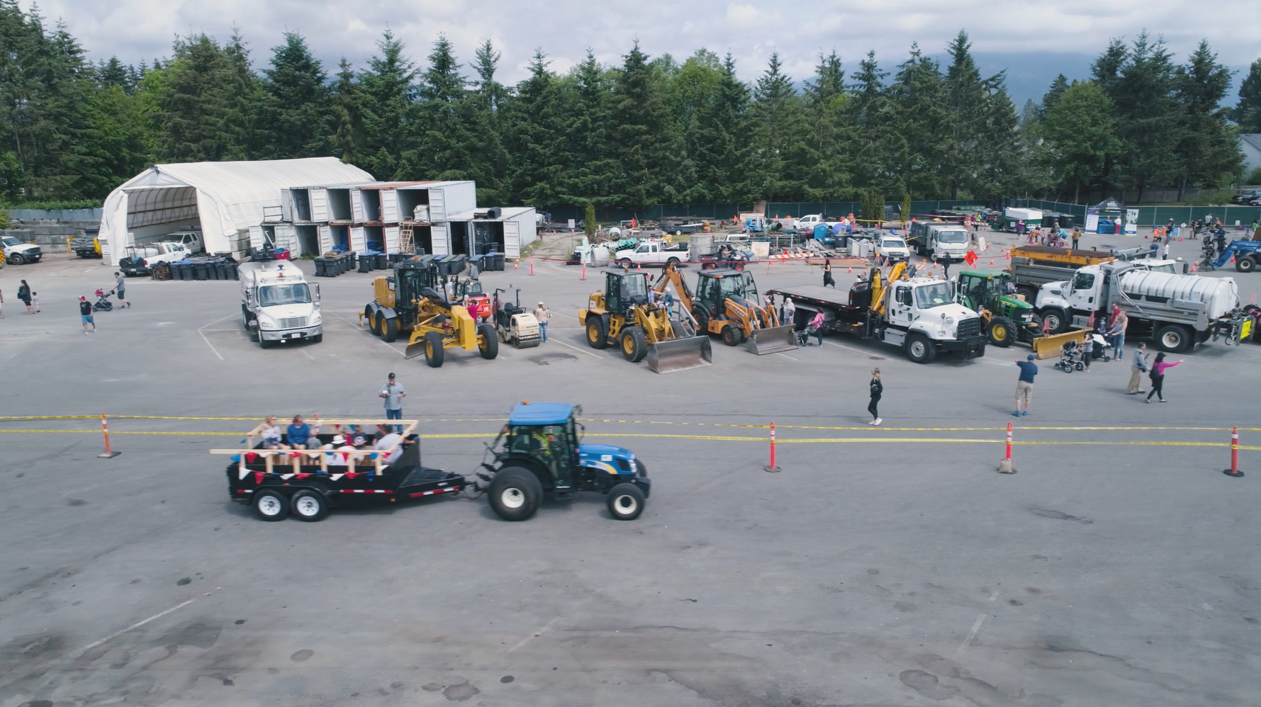 Aerial view of Public Works Yard with people and equiptment