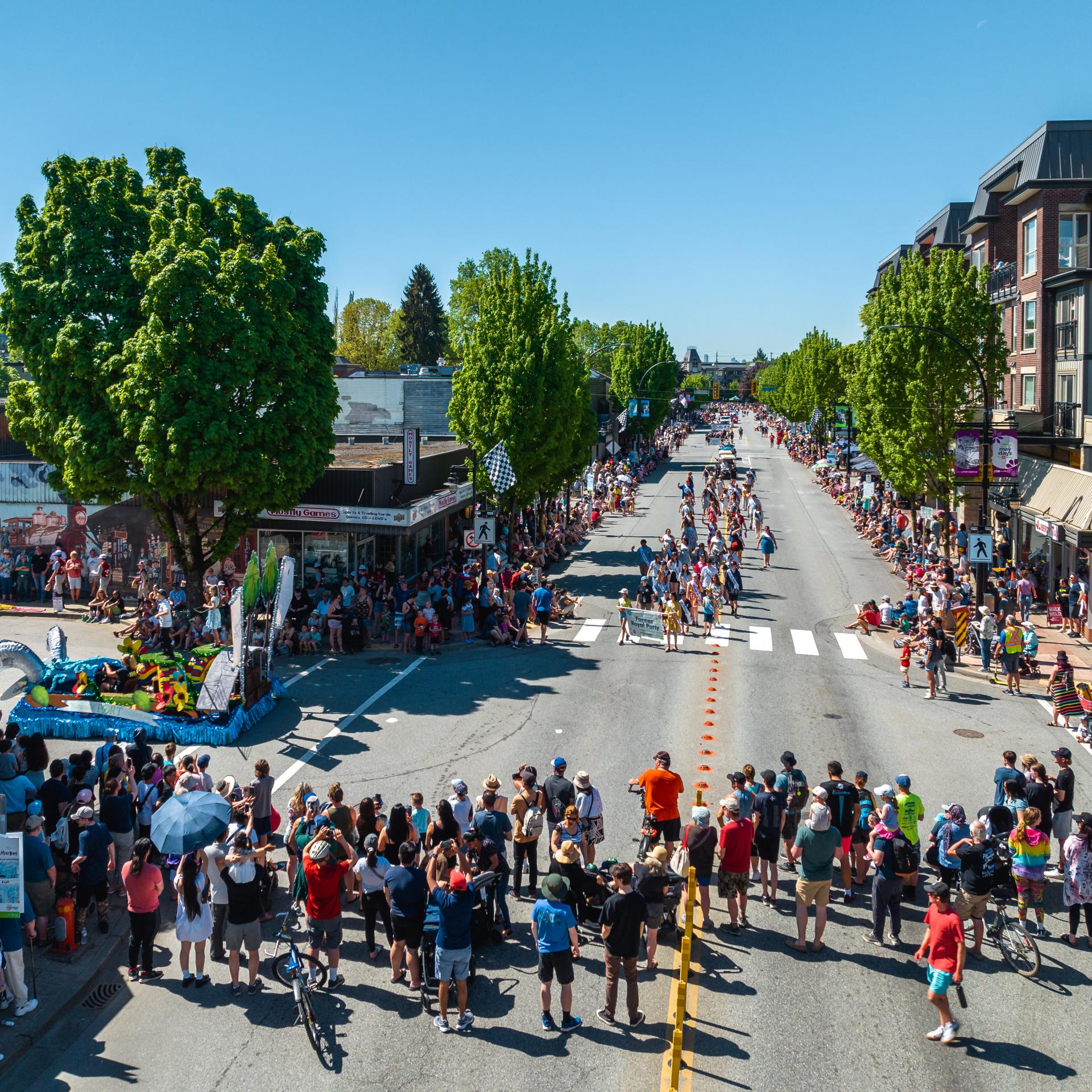 Aerial image of people watching May Day Parade in downtown Port Coquitlam