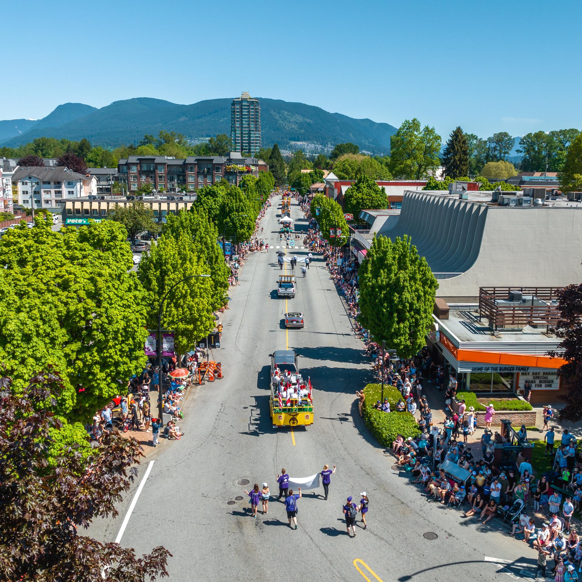 Aerial image of May Day Parade in downtown Port Coquitlam