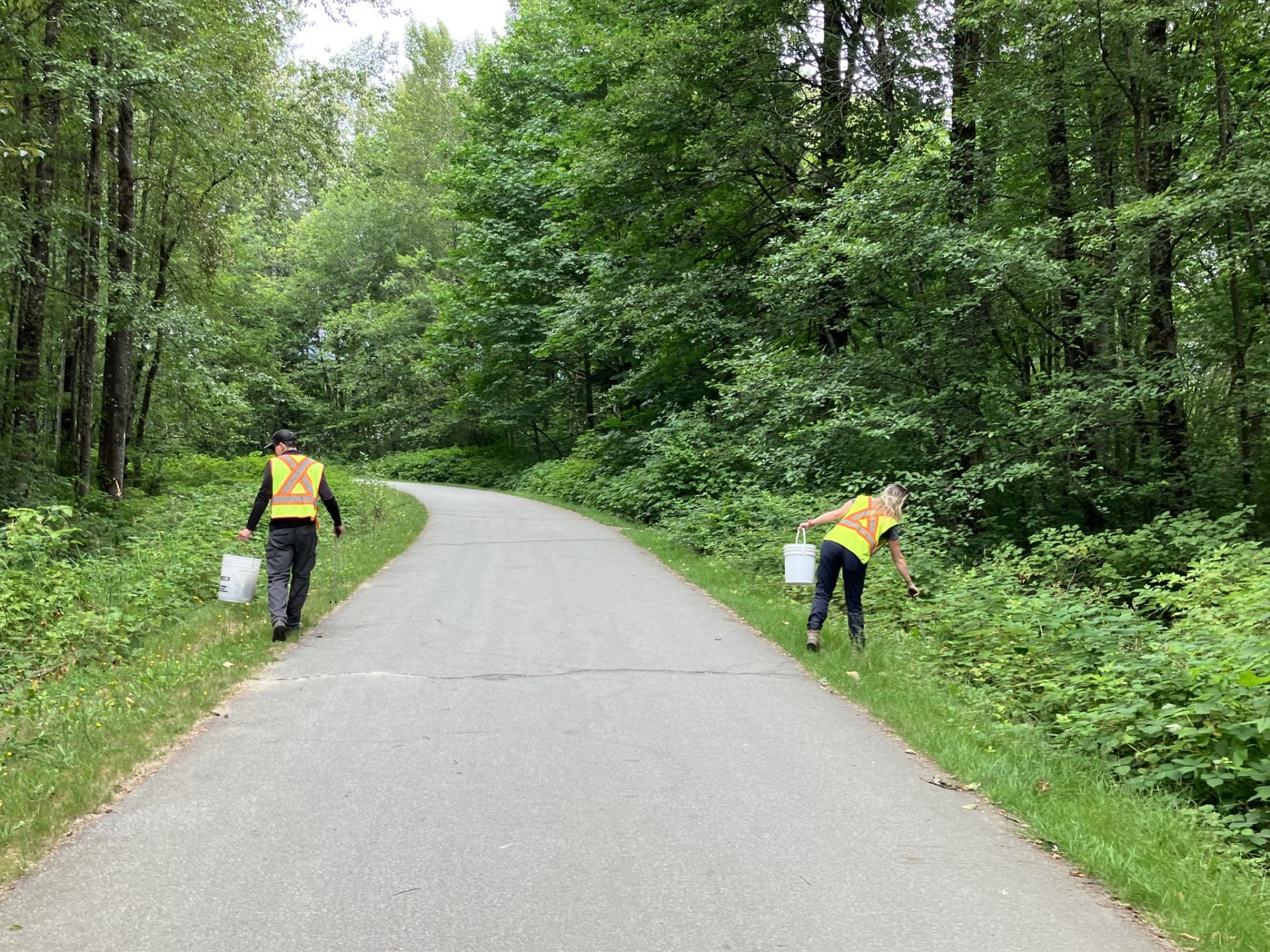 Two City staff members picking up litter on a trail