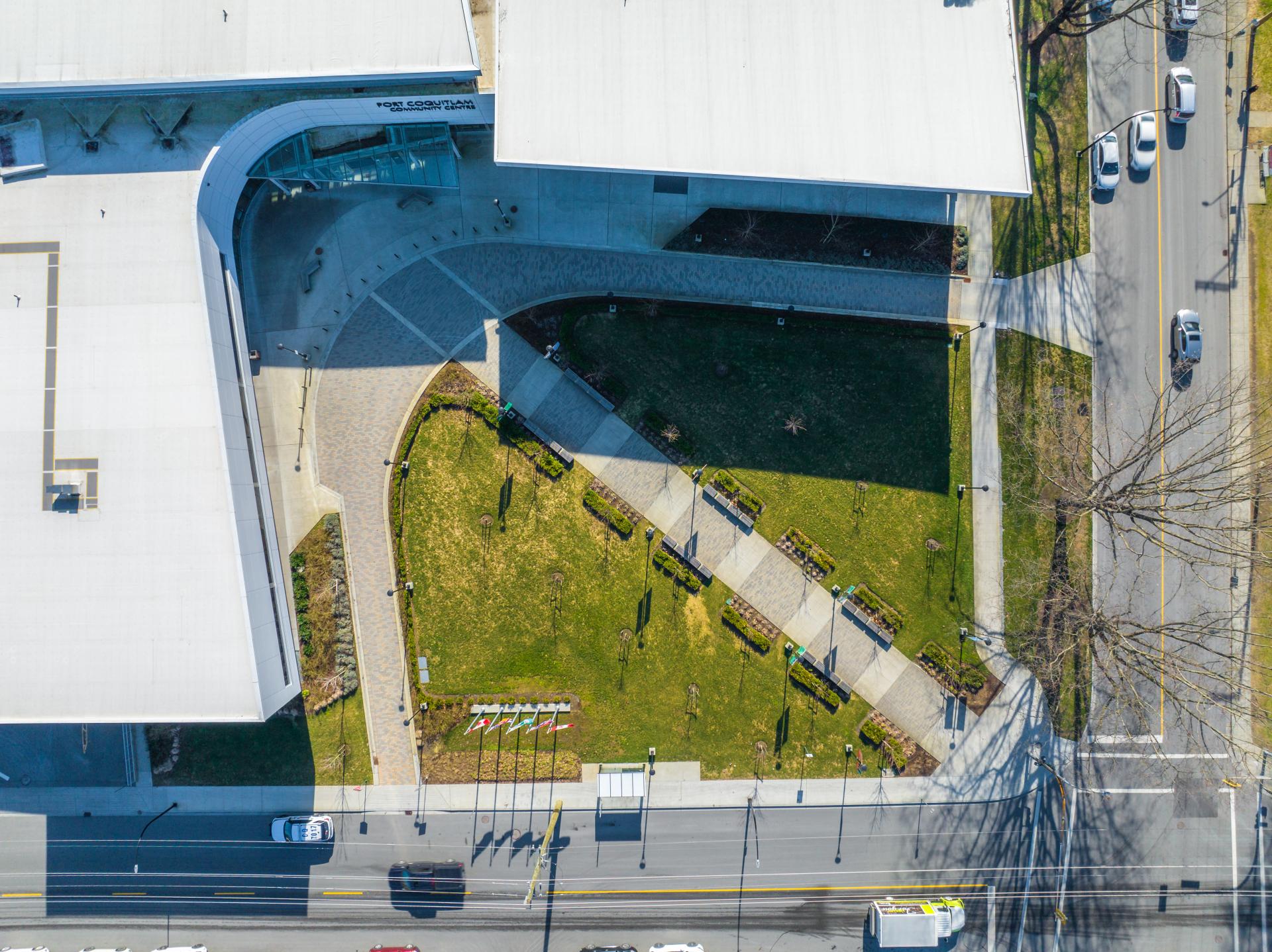 aerial view of port coquitlam community centre entrance