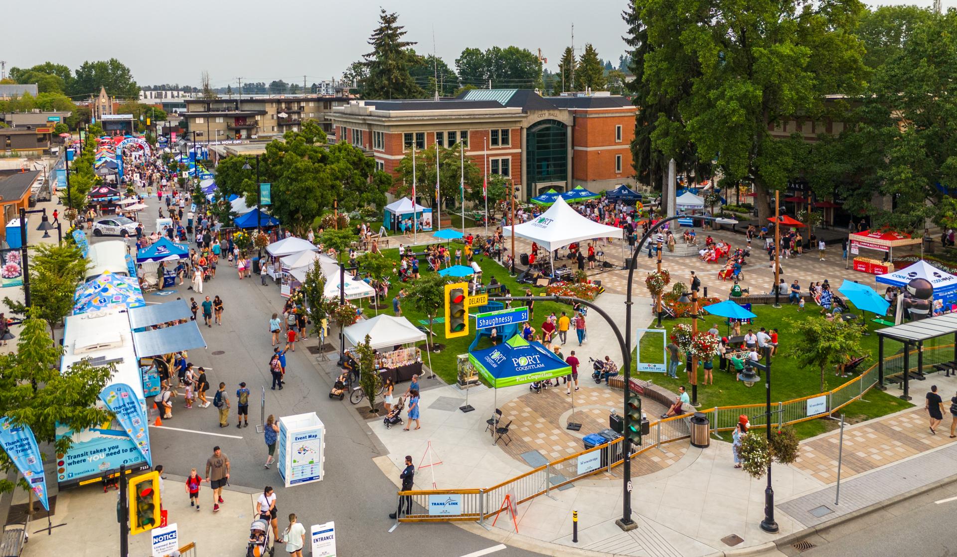 aerial view of car free day street festival