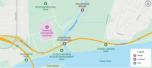 map of construction area for coquitlam river bridge on mary hill bypass
