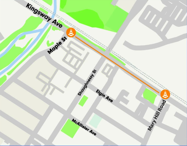 map of Kingsway Ave from Maple St to Mary Hill Rd