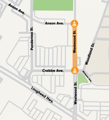 Construction Work Map: Westwood St from Anson Ave to Crabbe Ave