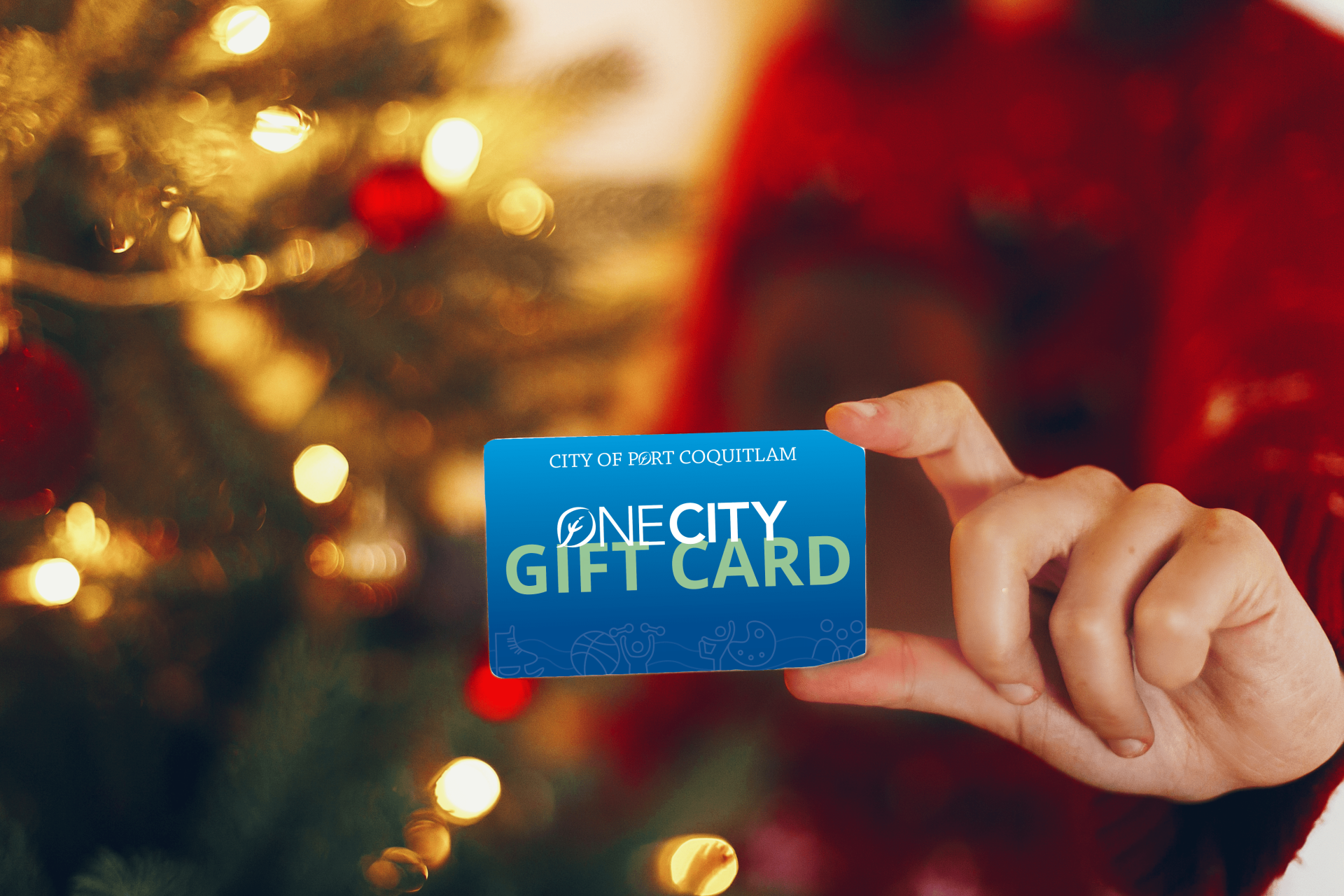 Recreation Gift Card in front of Christmas tree