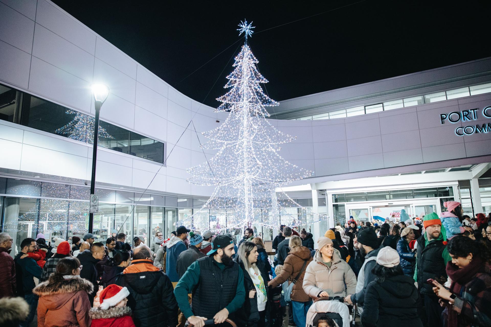 lit up outdoor christmas tree with crowd surrounding outside community centre